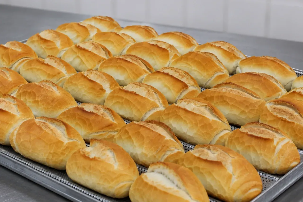 Assadeira com dezenas de pães franceses recém-assados, alinhados lado a lado, com casca dourada e crocante em ambiente de panificação.