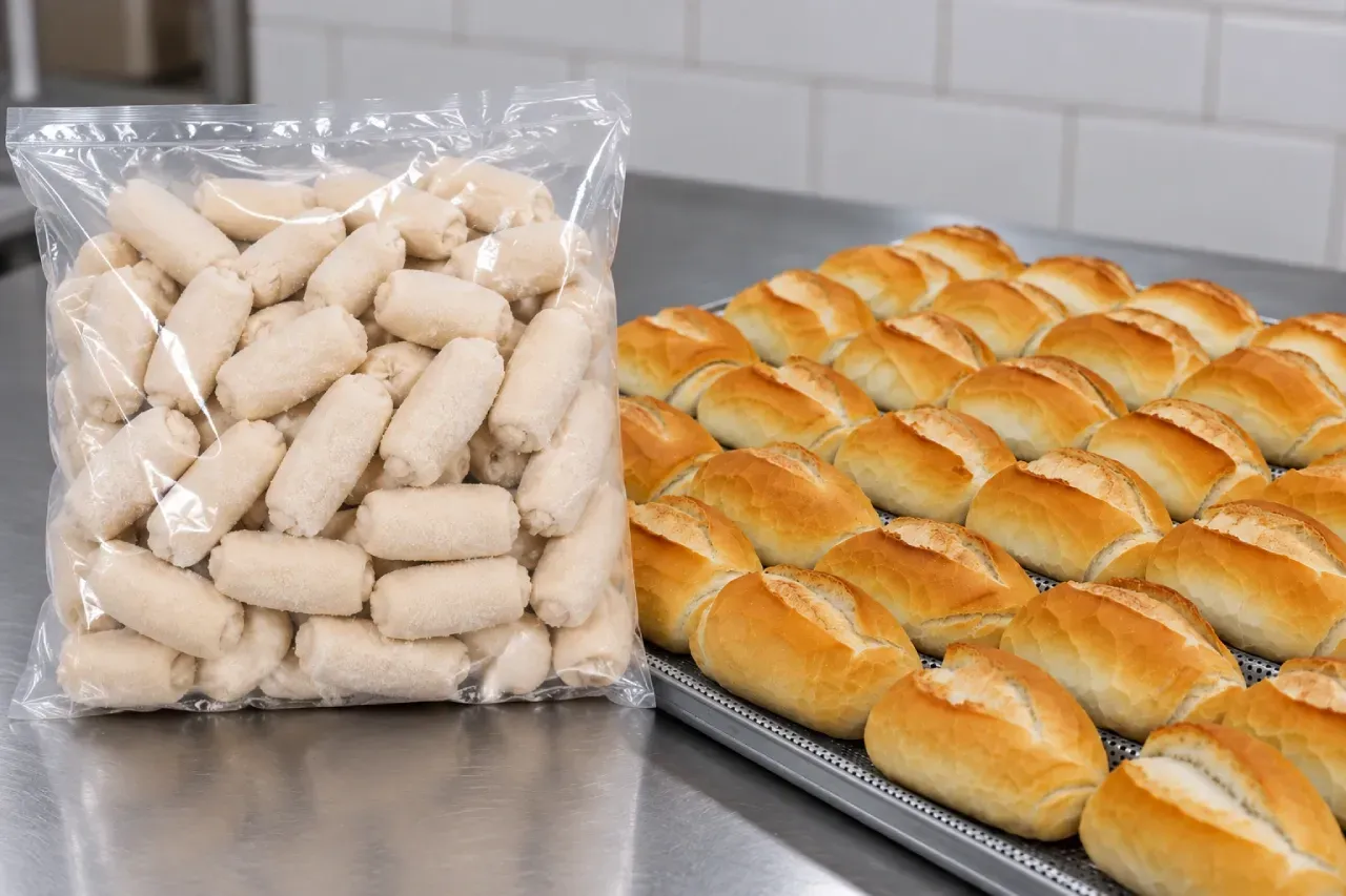Pão francês congelado embalado ao lado de pães franceses assados sobre mesa de inox.