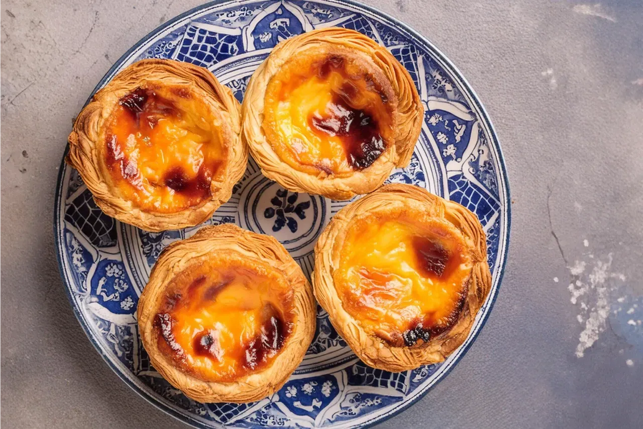 Quatro tortas de ovo estão em um prato azul e branco.