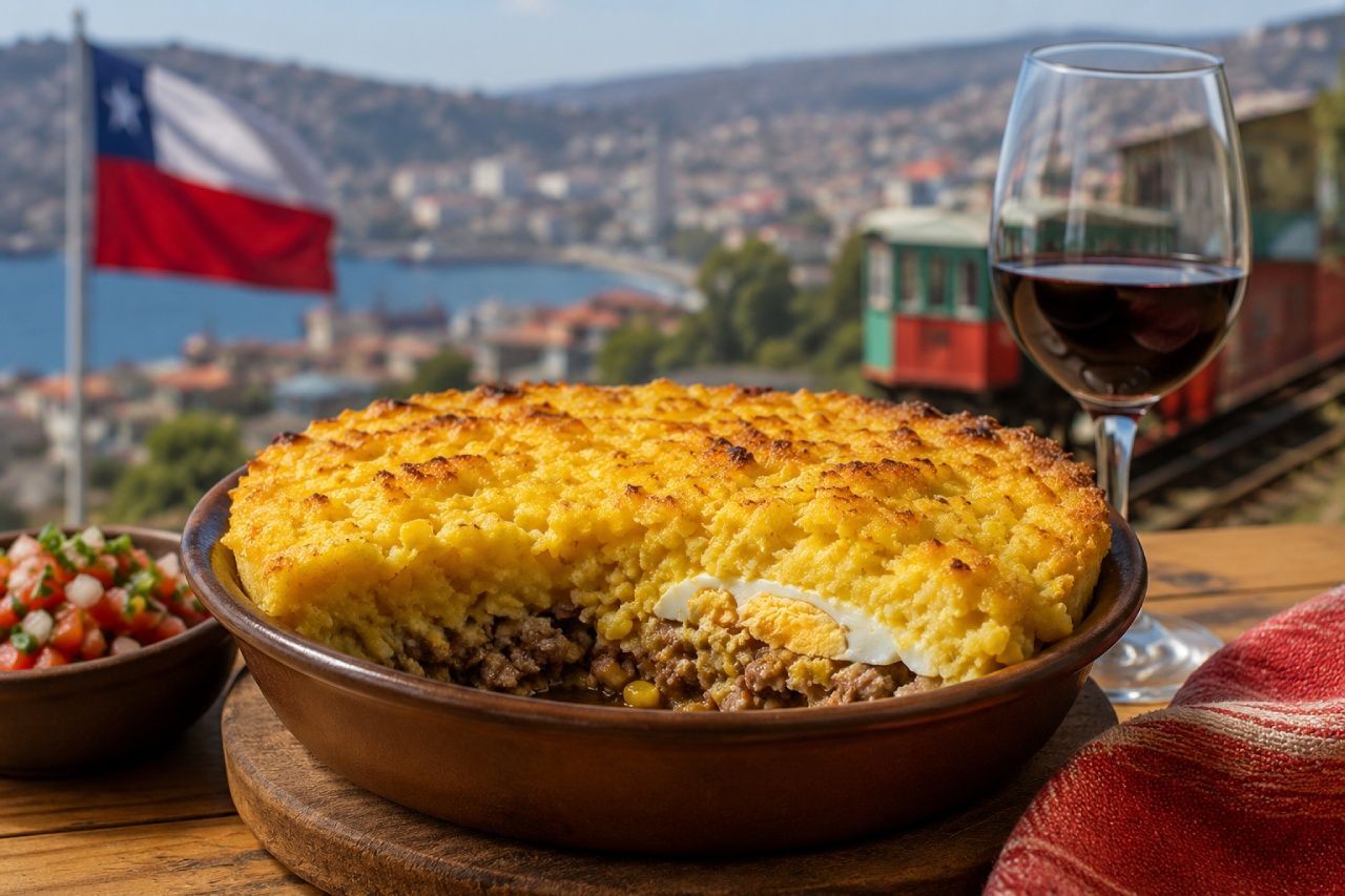 Pastel de choclo, prato típico do Chile preparado com creme de milho, carne moída e ovo cozido, servido com uma taça de vinho tinto, tendo ao fundo a bandeira chilena e a cidade de Valparaíso.