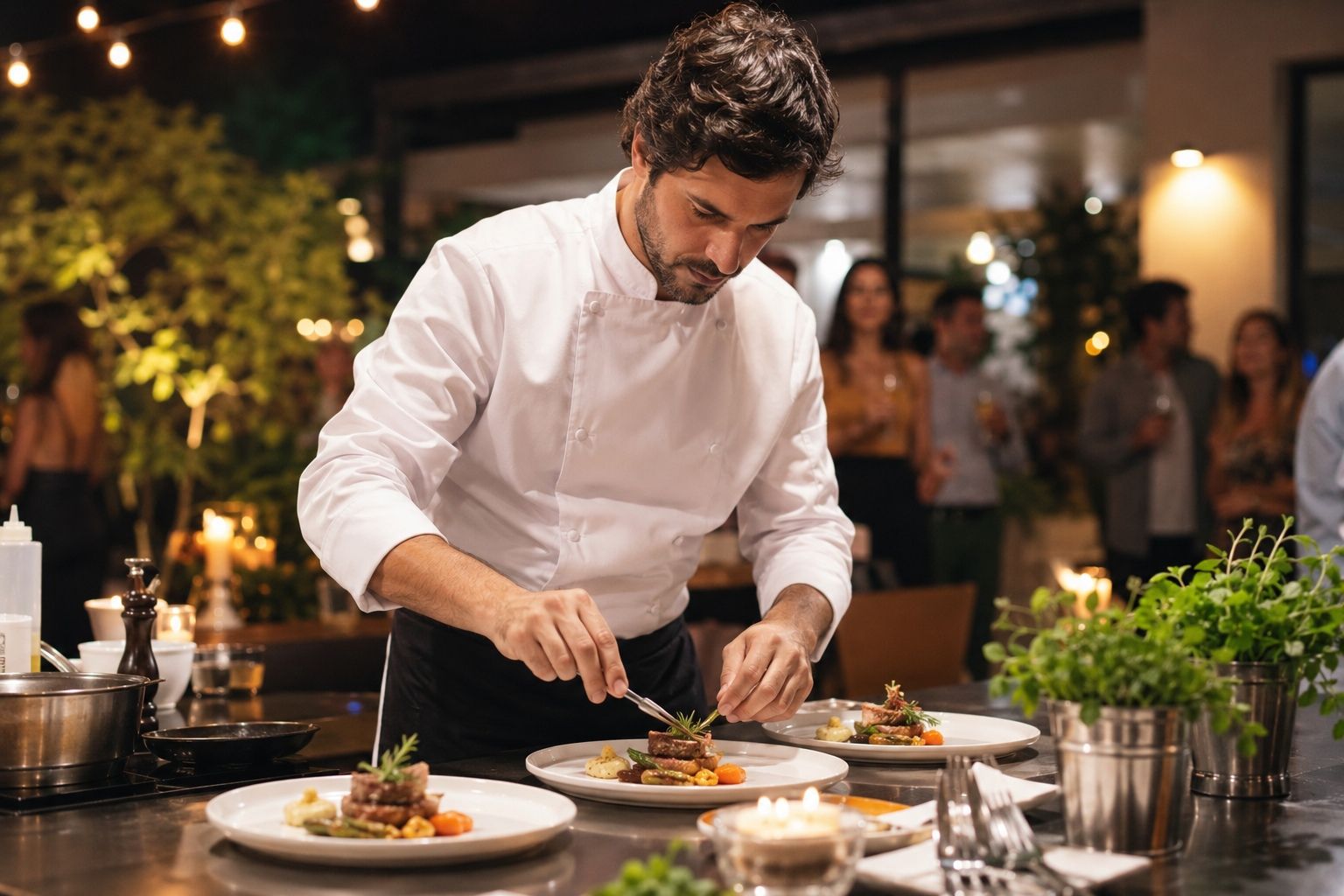 Um chef está adicionando um tomate a uma salada na cozinha.