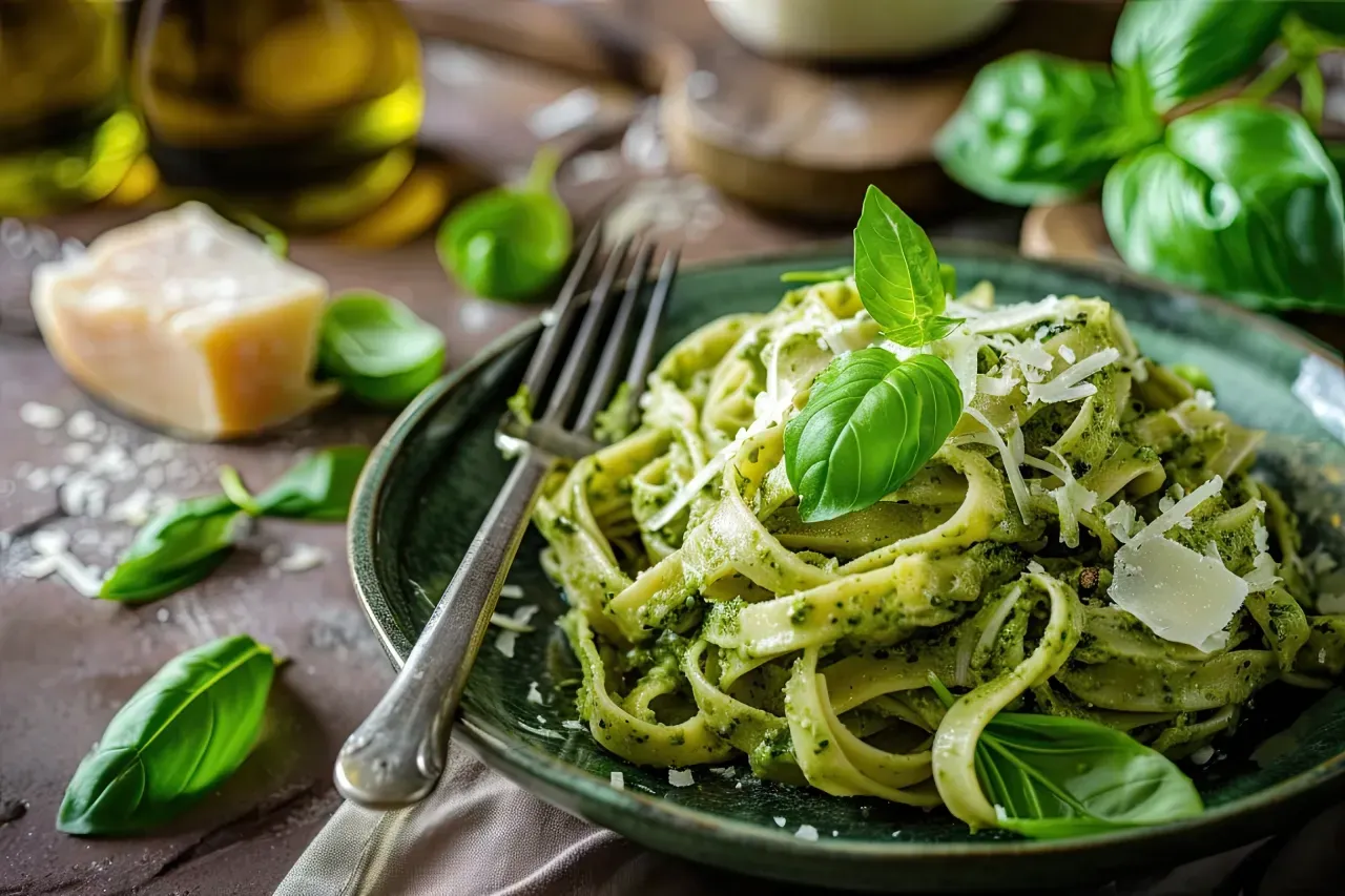 Um prato de macarrão com molho pesto e manjericão sobre uma mesa com um garfo.