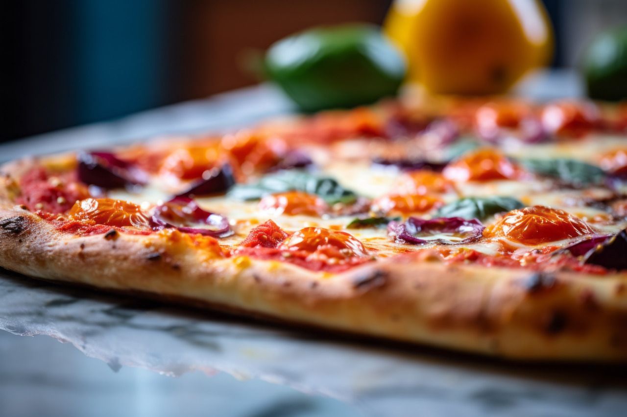 Uma pizza com tomate, cebola e queijo está sobre uma mesa.