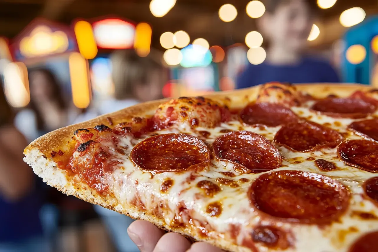 Uma pessoa está segurando uma fatia de pizza de calabresa na mão.