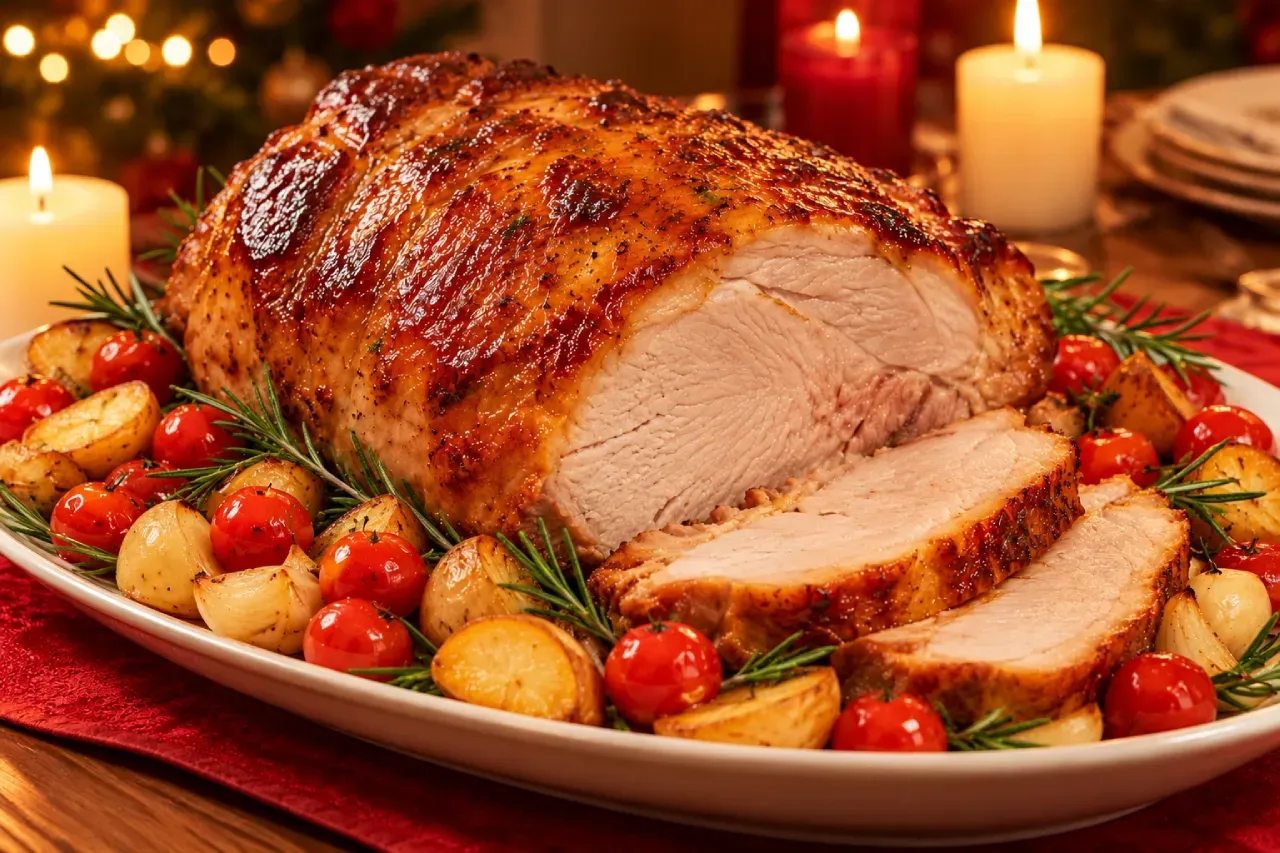 Pernil suíno assado sem pele, dourado e fatiado, decorado com alecrim, batatas, tomates e cebolas, servido na ceia de Natal com velas acesas.