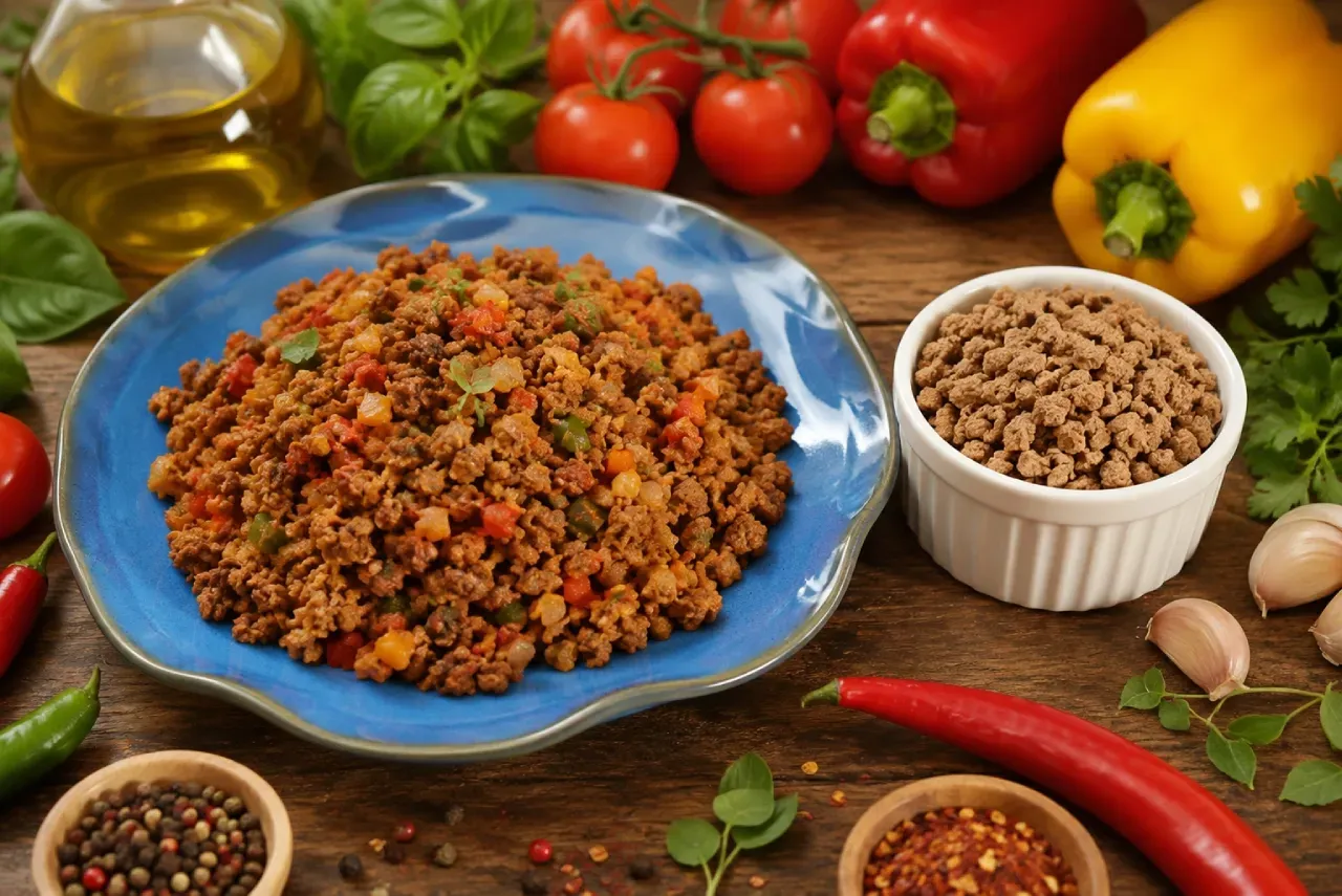 Proteína texturizada de soja granulada preparada com legumes e temperos em prato azul, ao lado de PTS desidratada, tomates, pimentões, alho, azeite e ervas frescas.