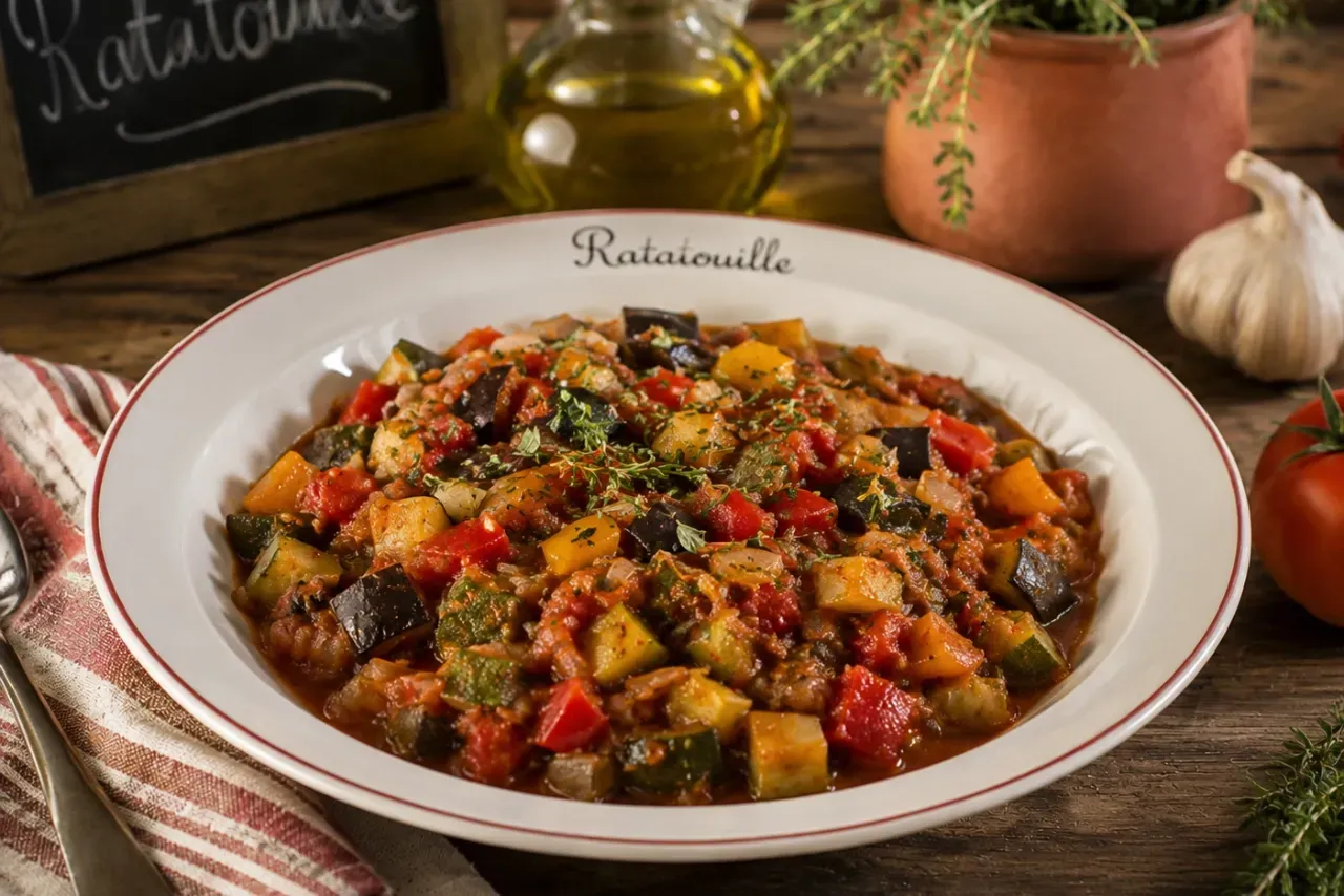 Ratatouille servido em prato fundo branco, preparado com cubos de berinjela, abobrinha, tomate e pimentões cozidos lentamente com ervas frescas e molho rústico mediterrâneo.