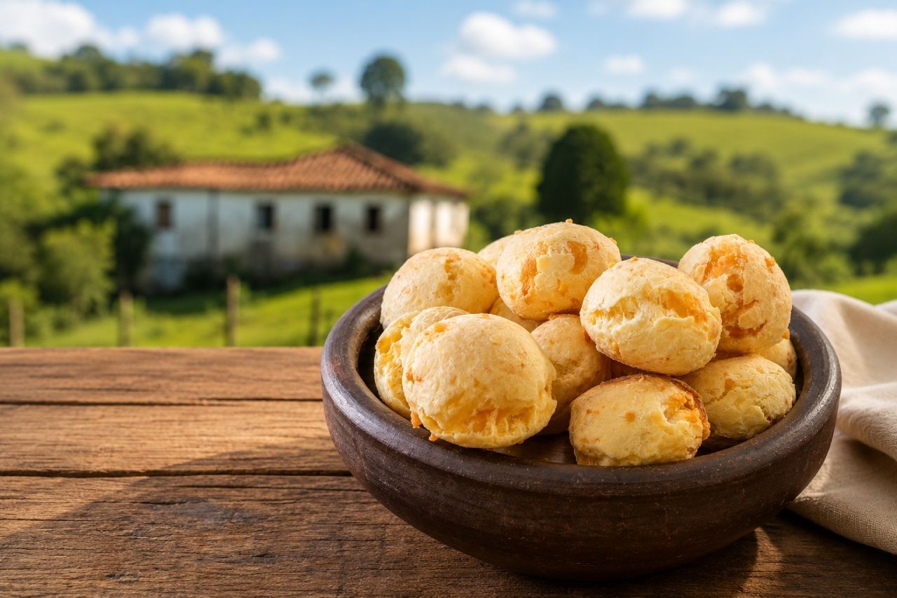 Pão de queijo mineiro tradicional servido em tigela de madeira sobre mesa rústica, com paisagem rural de Minas Gerais ao fundo.