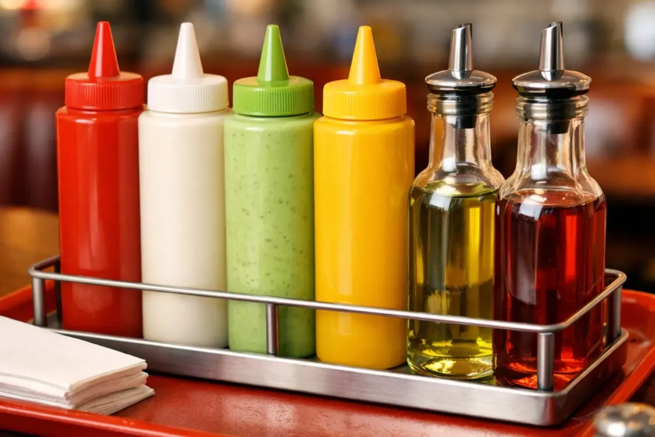 Recipientes reutilizáveis com ketchup, maionese, molhos e azeite organizados em bandeja sobre balcão de restaurante