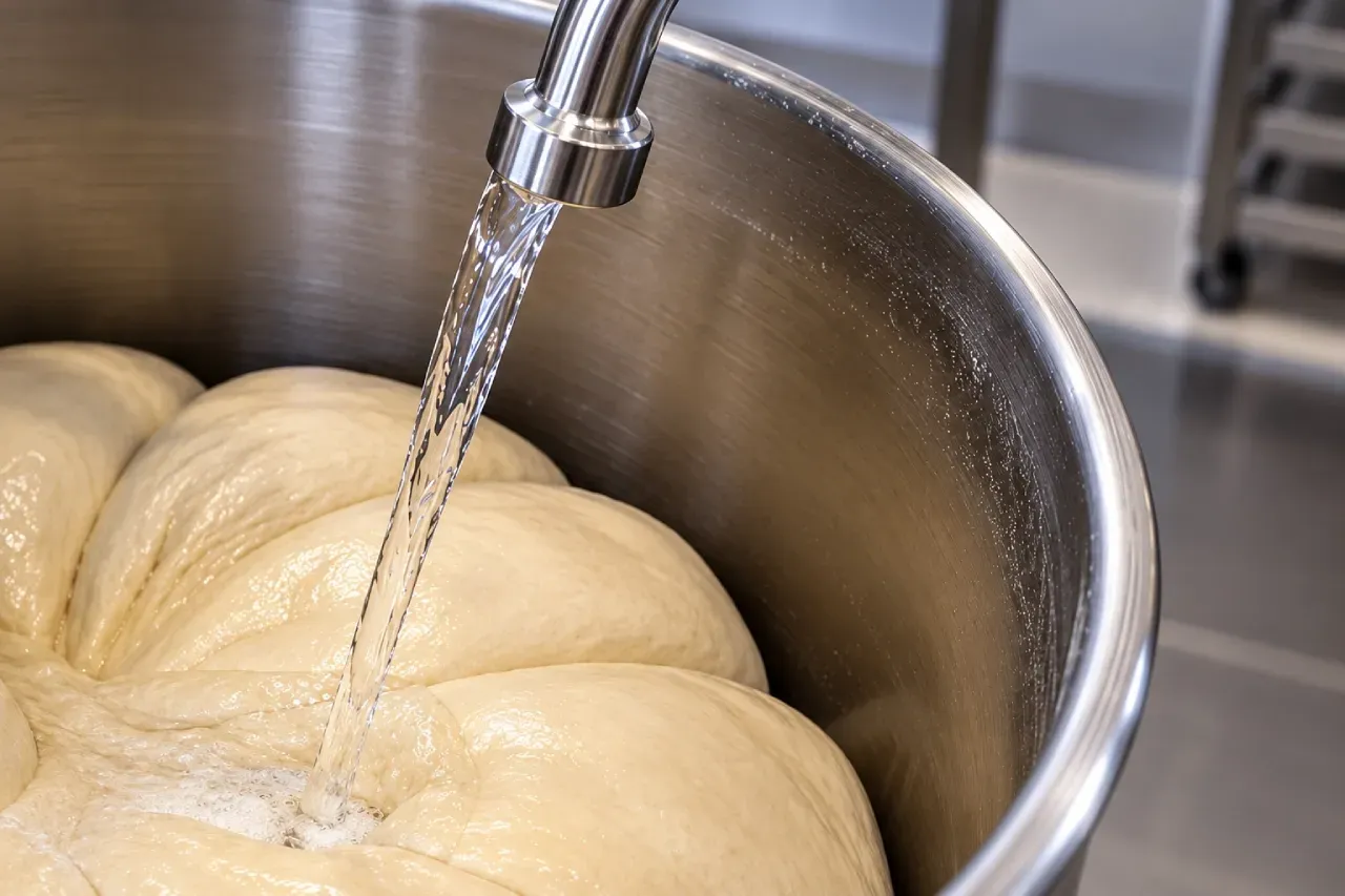 Uma pessoa está despejando água em uma tigela de farinha com uma colher de pau.