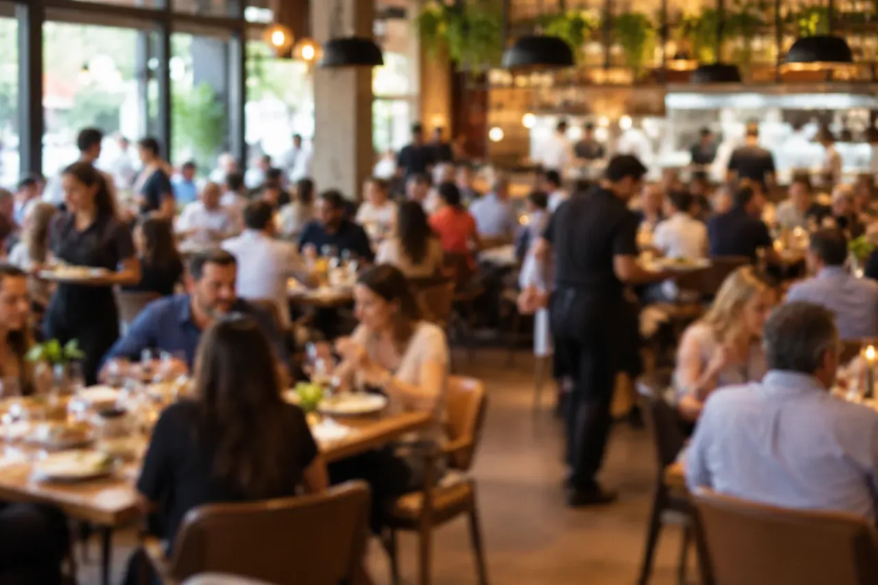 Um grupo de pessoas está sentado em mesas em um restaurante.