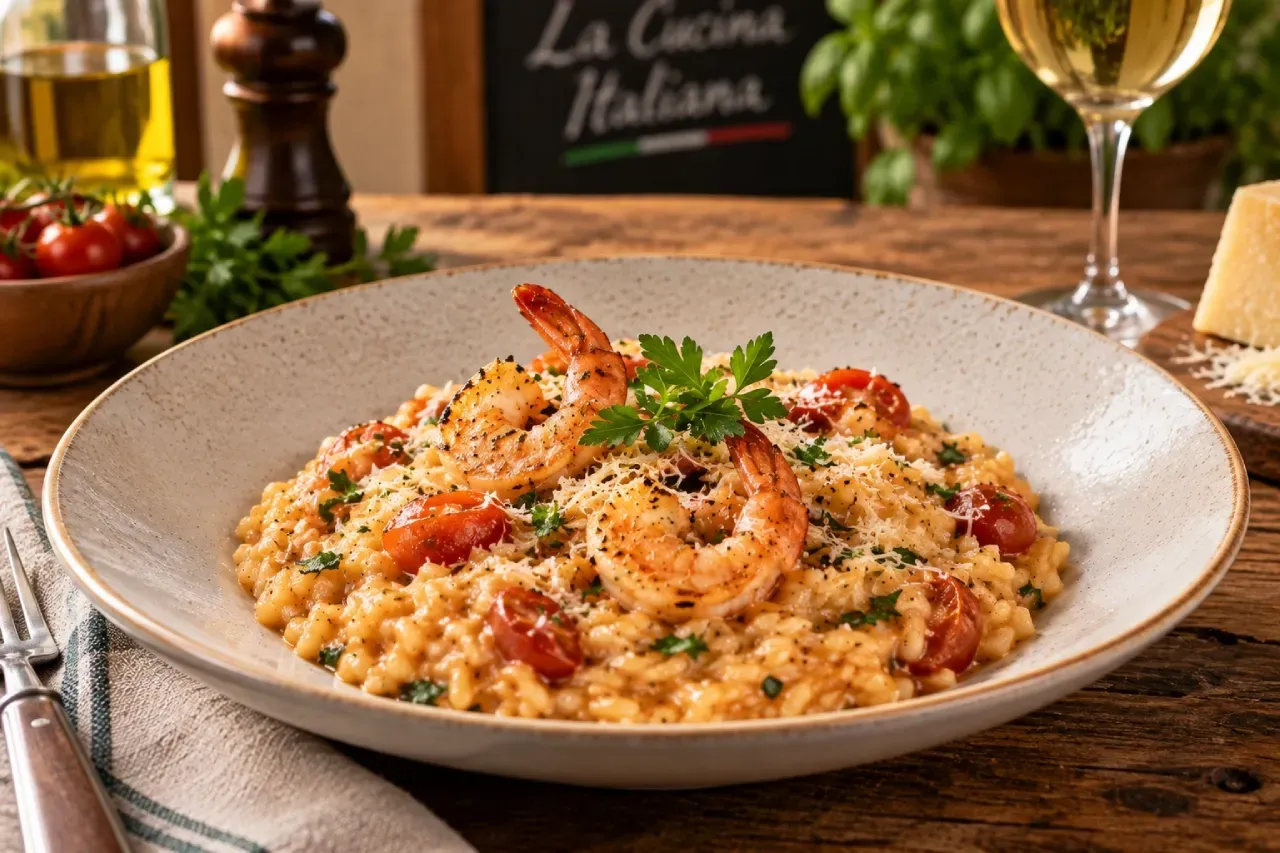Risoto italiano cremoso servido em prato, com arroz al dente e finalização com ingredientes frescos.