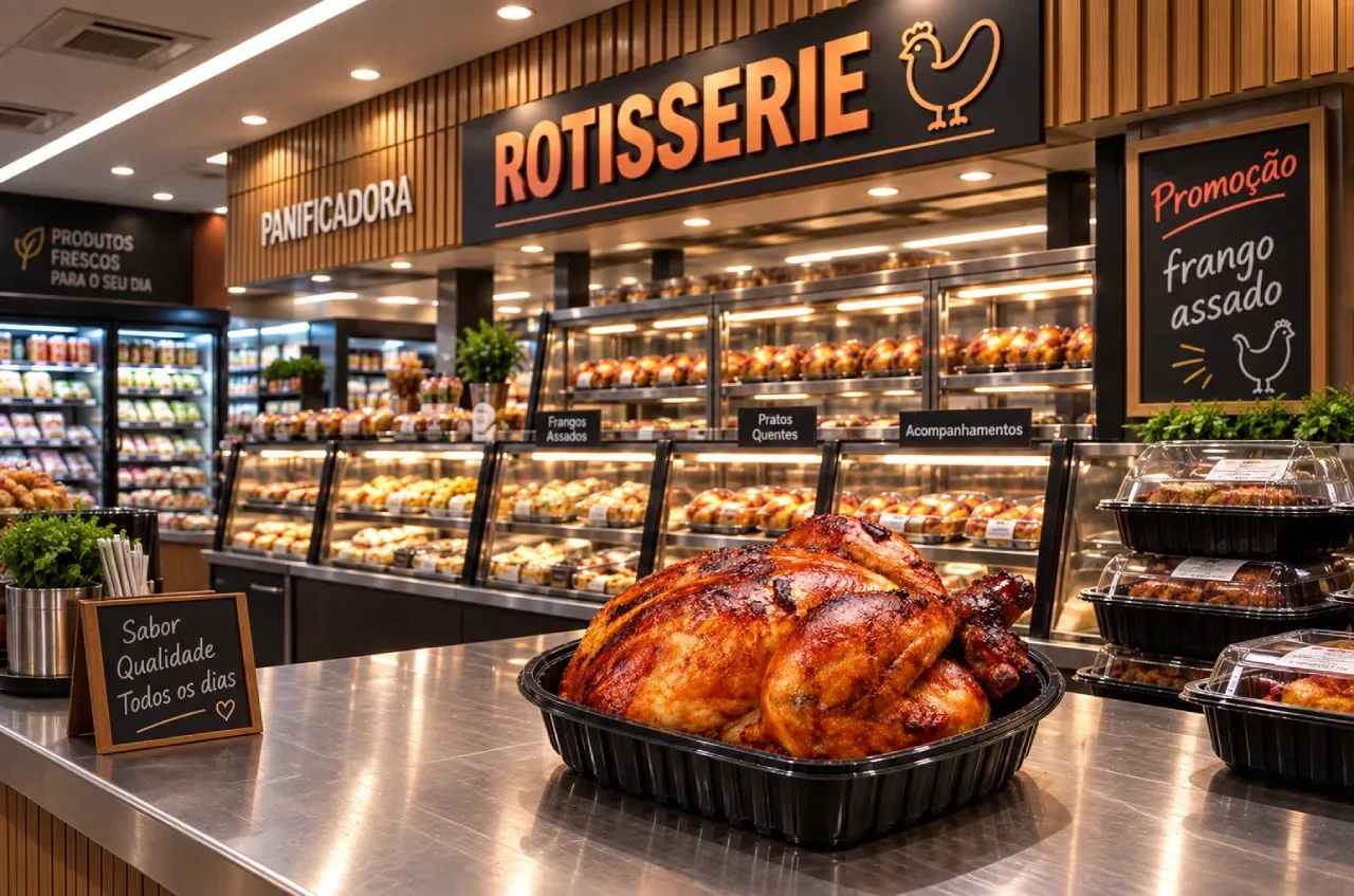 Rotisseria de supermercado com frango assado, pratos quentes e acompanhamentos expostos para venda.