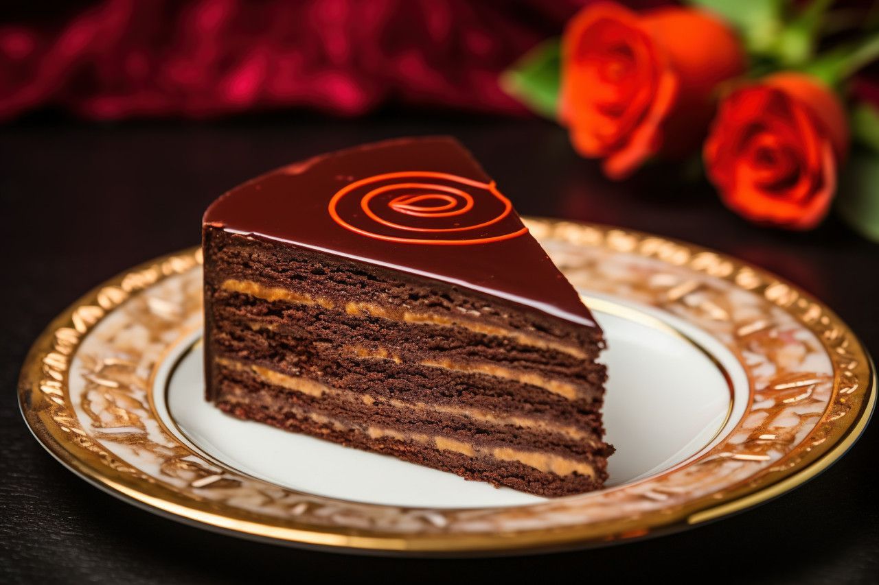 Uma fatia de bolo de chocolate em um prato com rosas ao fundo