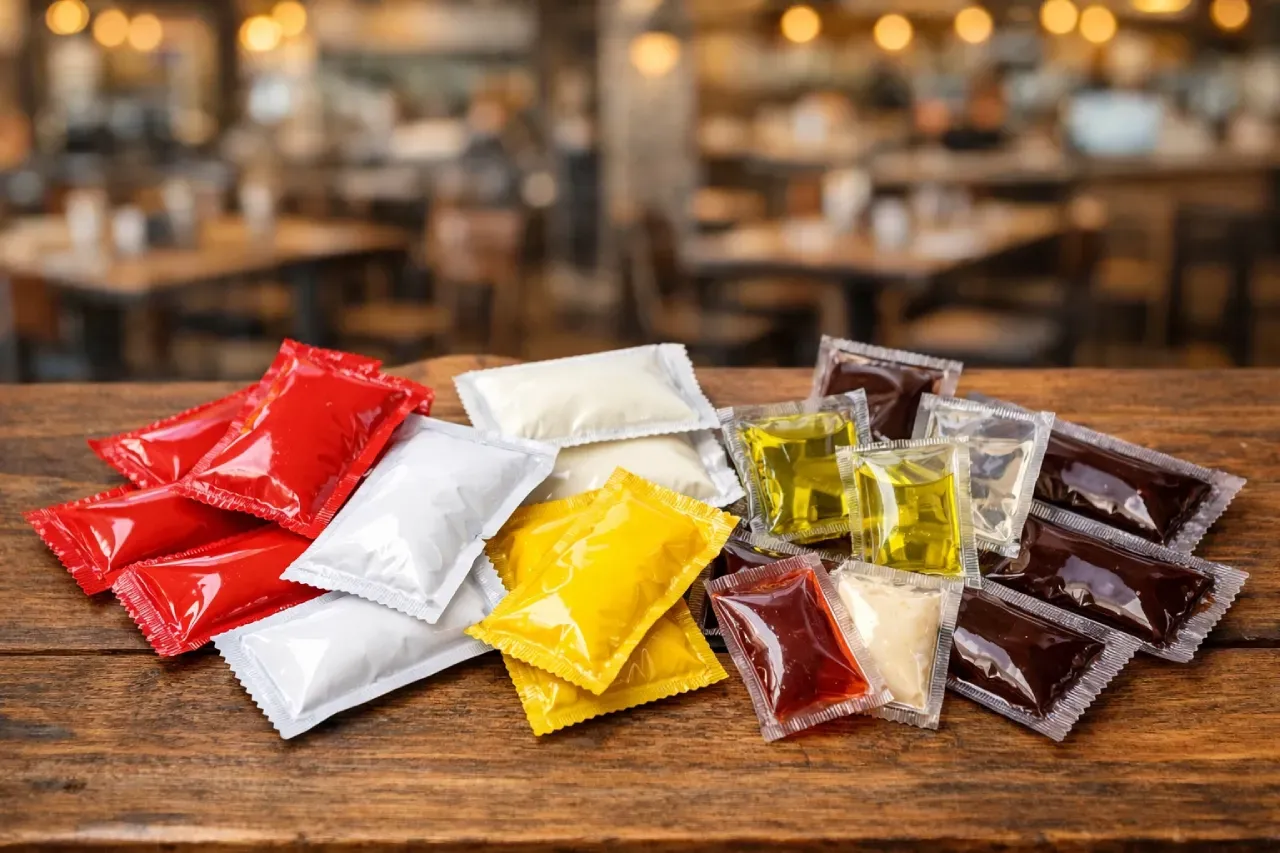 Sachês de molhos e condimentos descartáveis sobre mesa de madeira em restaurante, com embalagens individuais coloridas de ketchup, maionese, mostarda e outros molhos.