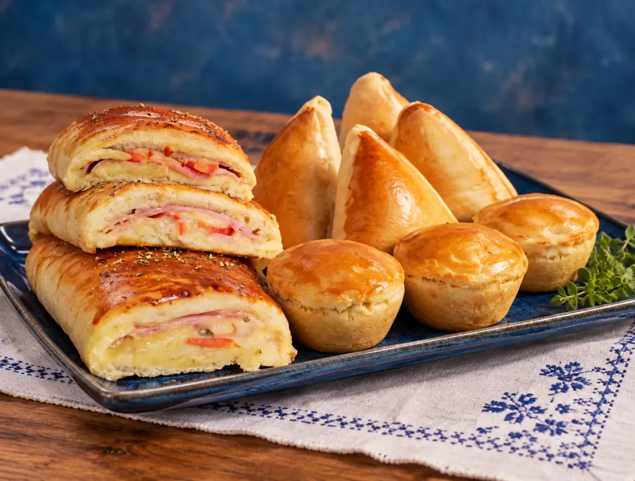 Um pastel com carne e queijo está sobre uma mesa ao lado de uma tigela de molho.