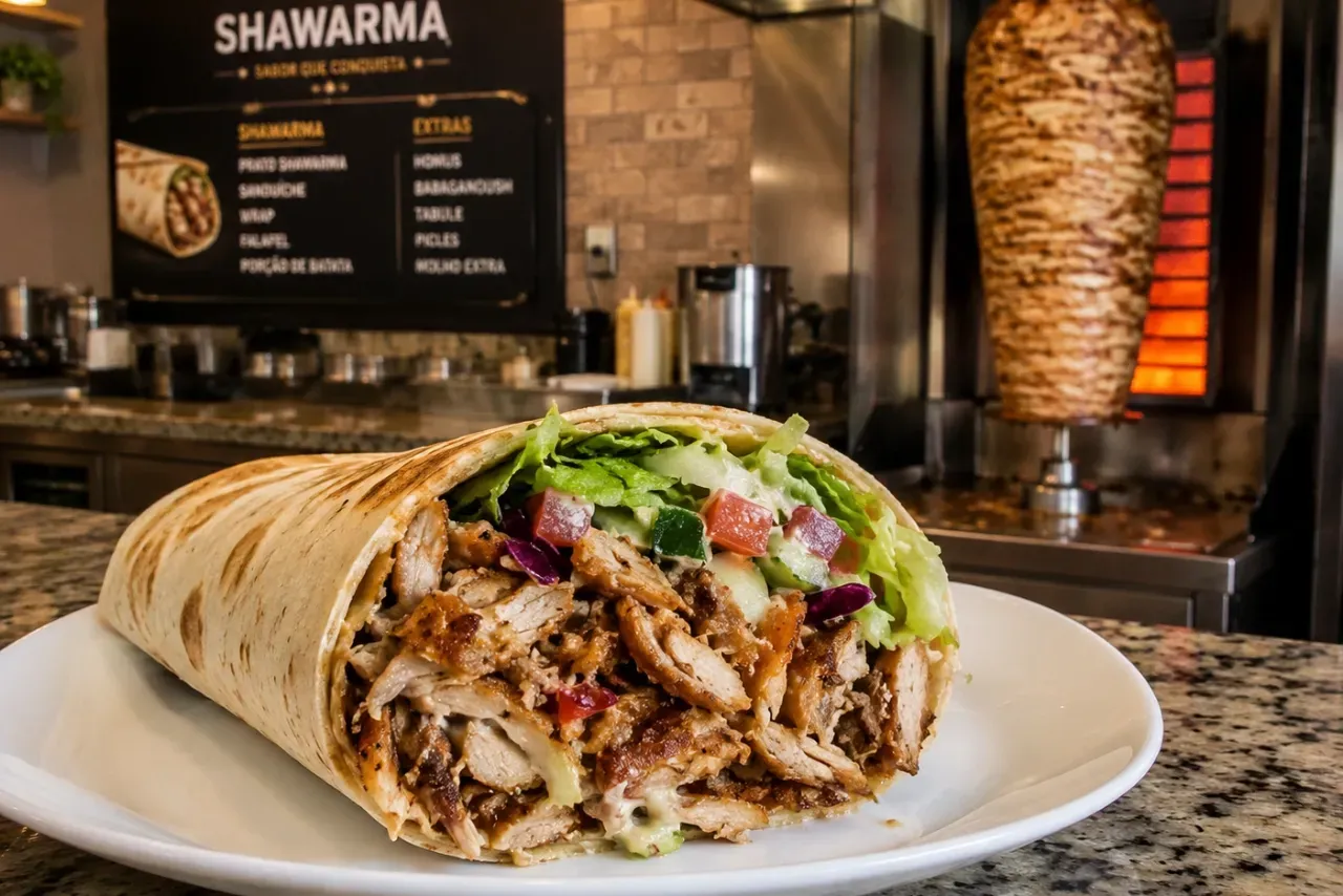 Shawarma de frango servido em wrap com vegetais frescos e espeto vertical de assamento ao fundo em restaurante de culinária árabe.