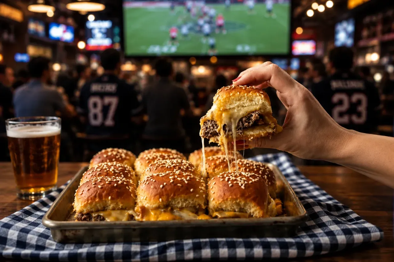 Cheeseburger sliders com queijo derretido em bandeja, servidos em bar com jogo de futebol americano na TV ao fundo.