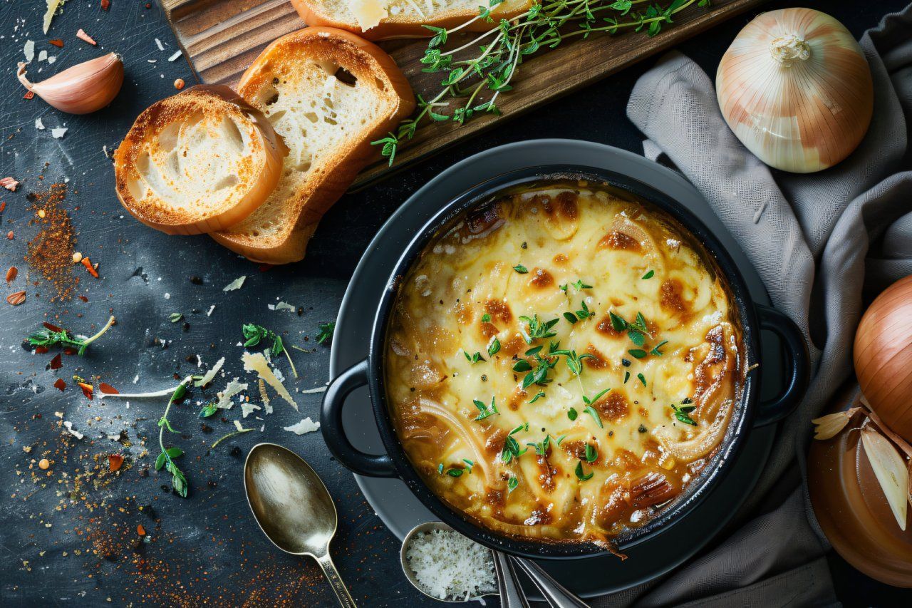 Uma tigela de sopa de cebola francesa com pão e cebola sobre uma mesa.