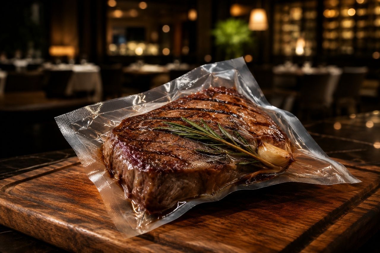 Peça de carne embalada a vácuo para preparo sous-vide sobre tábua de madeira em ambiente de restaurante profissional.