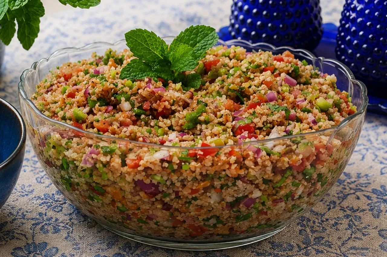 Tabule tradicional servido em tigela de vidro, preparado com trigo, tomate, cebola roxa, ervas frescas e hortelã, sobre mesa decorada em tons azuis.