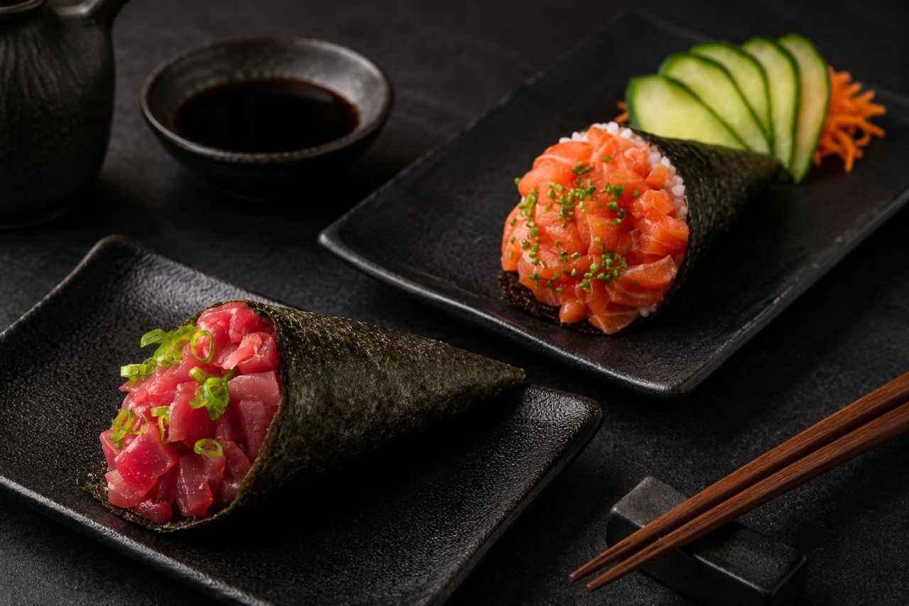 Temakis de salmão e atum servidos em travessas japonesas pretas com molho shoyu em restaurante japonês.