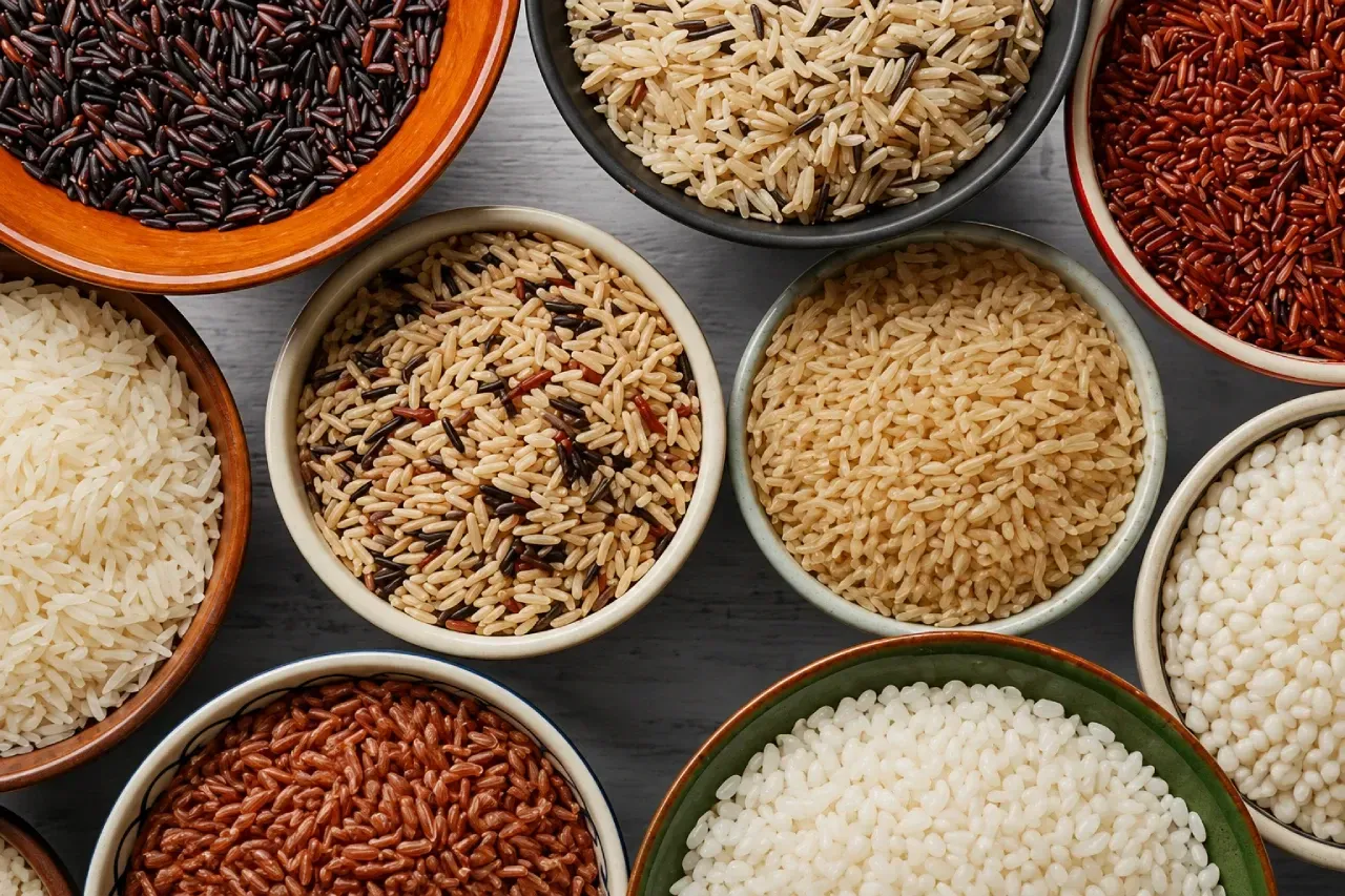 Há muitos tipos diferentes de arroz nas tigelas.