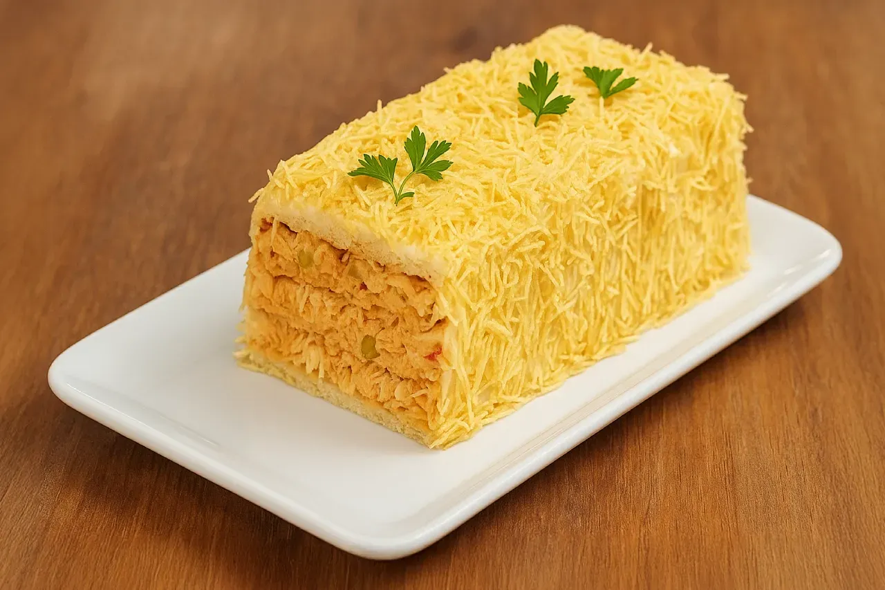Torta salgada de frango com pão de forma decorada com batata palha