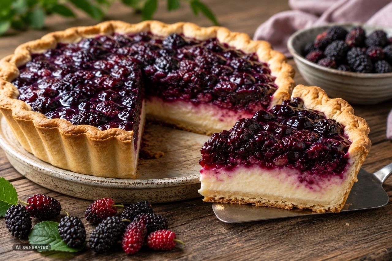 Torta de amora com massa crocante, recheio de creme e cobertura de amoras, servida em fatia com frutas frescas ao redor.