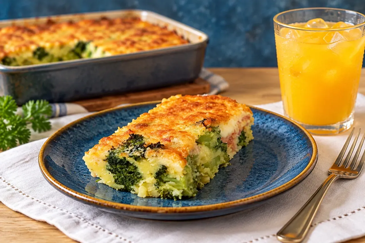Fatia de torta de brócolis dourada em prato azul de cerâmica rústica com bordas douradas