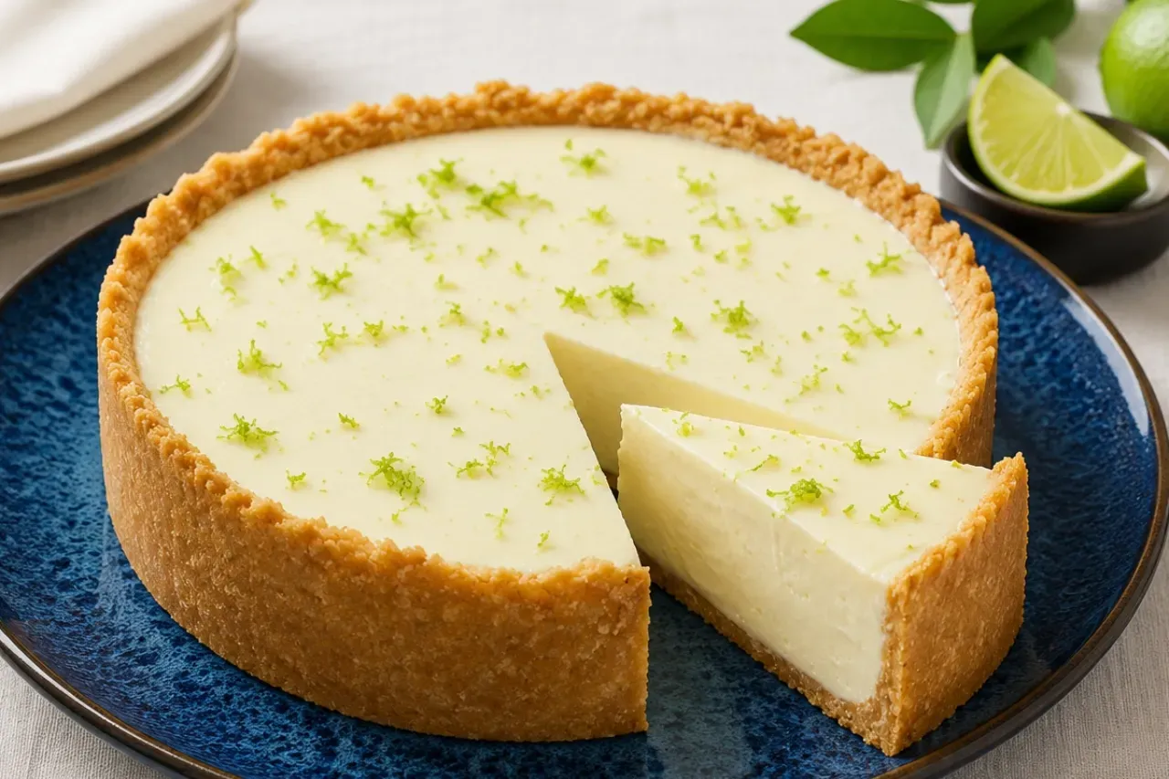 Uma fatia de cheesecake de limão está em um prato ao lado de uma fatia de cheesecake.