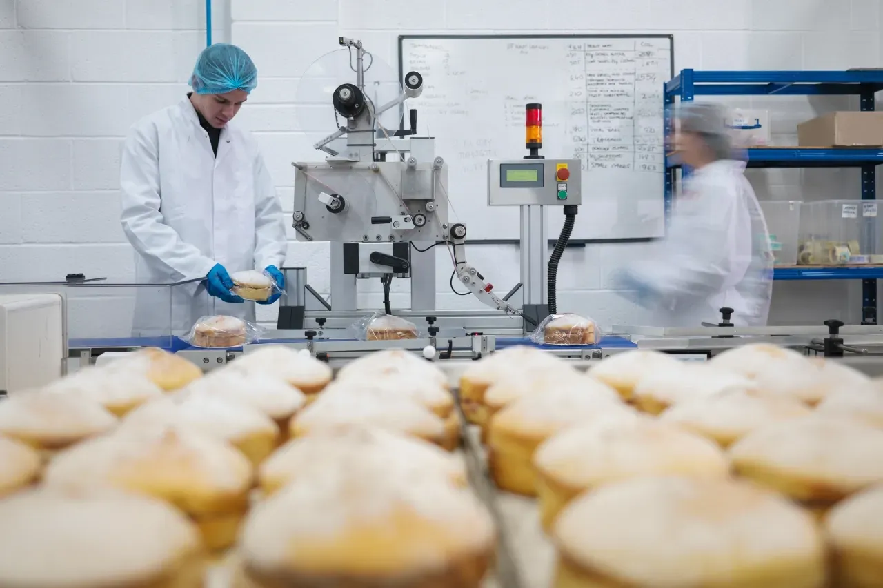 Um monte de cupcakes estão em uma esteira rolante em uma fábrica.