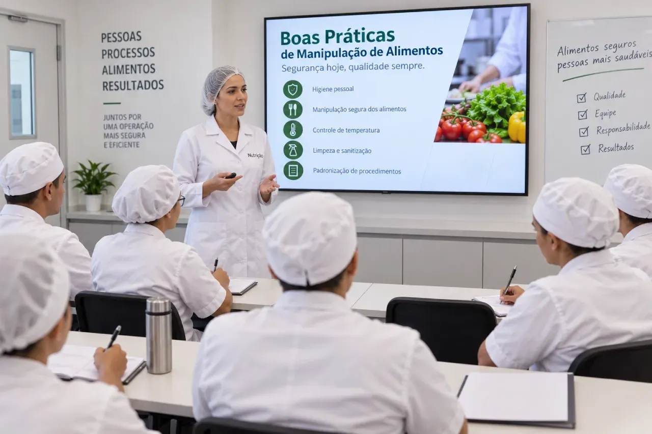 Um grupo de chefs estão em uma cozinha conversando entre si.