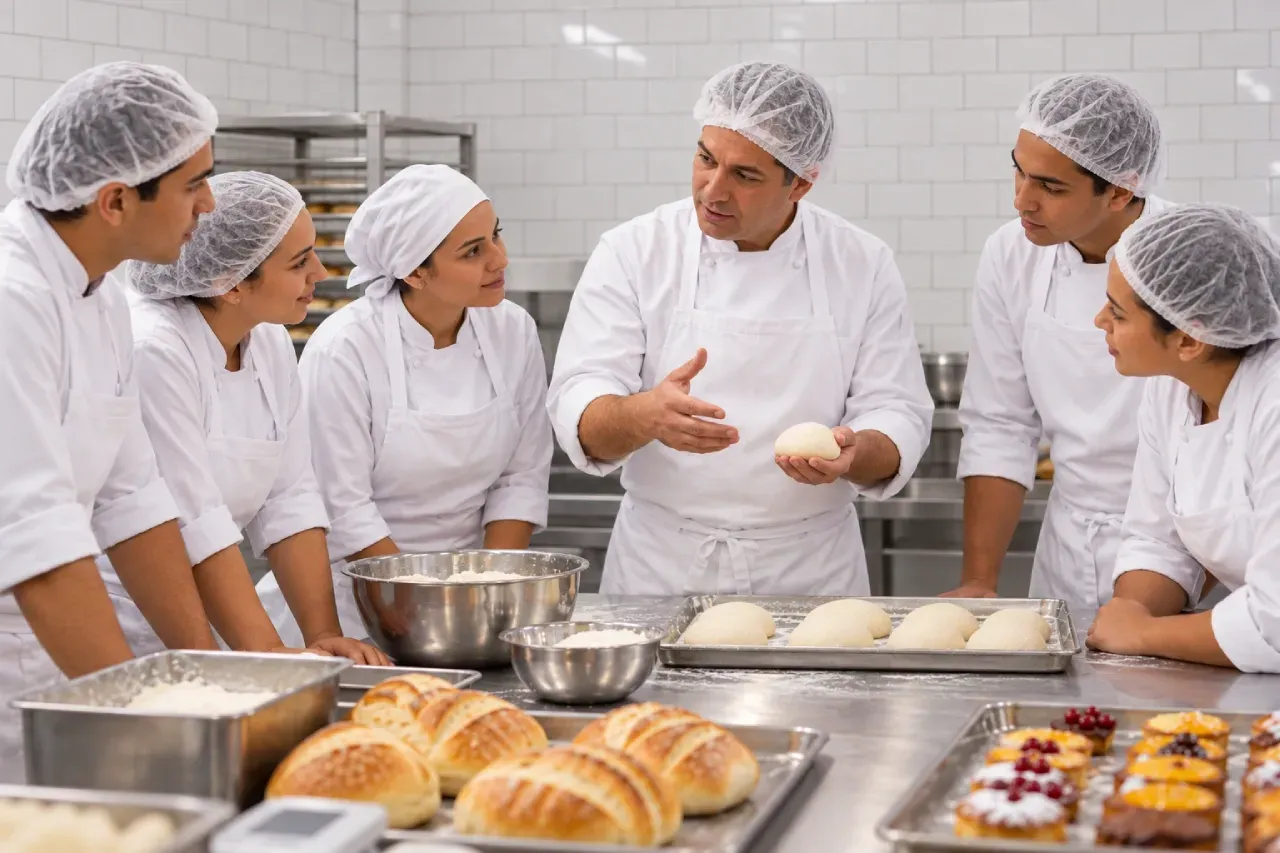 Um homem e uma mulher estão em frente a uma câmera em uma cozinha.