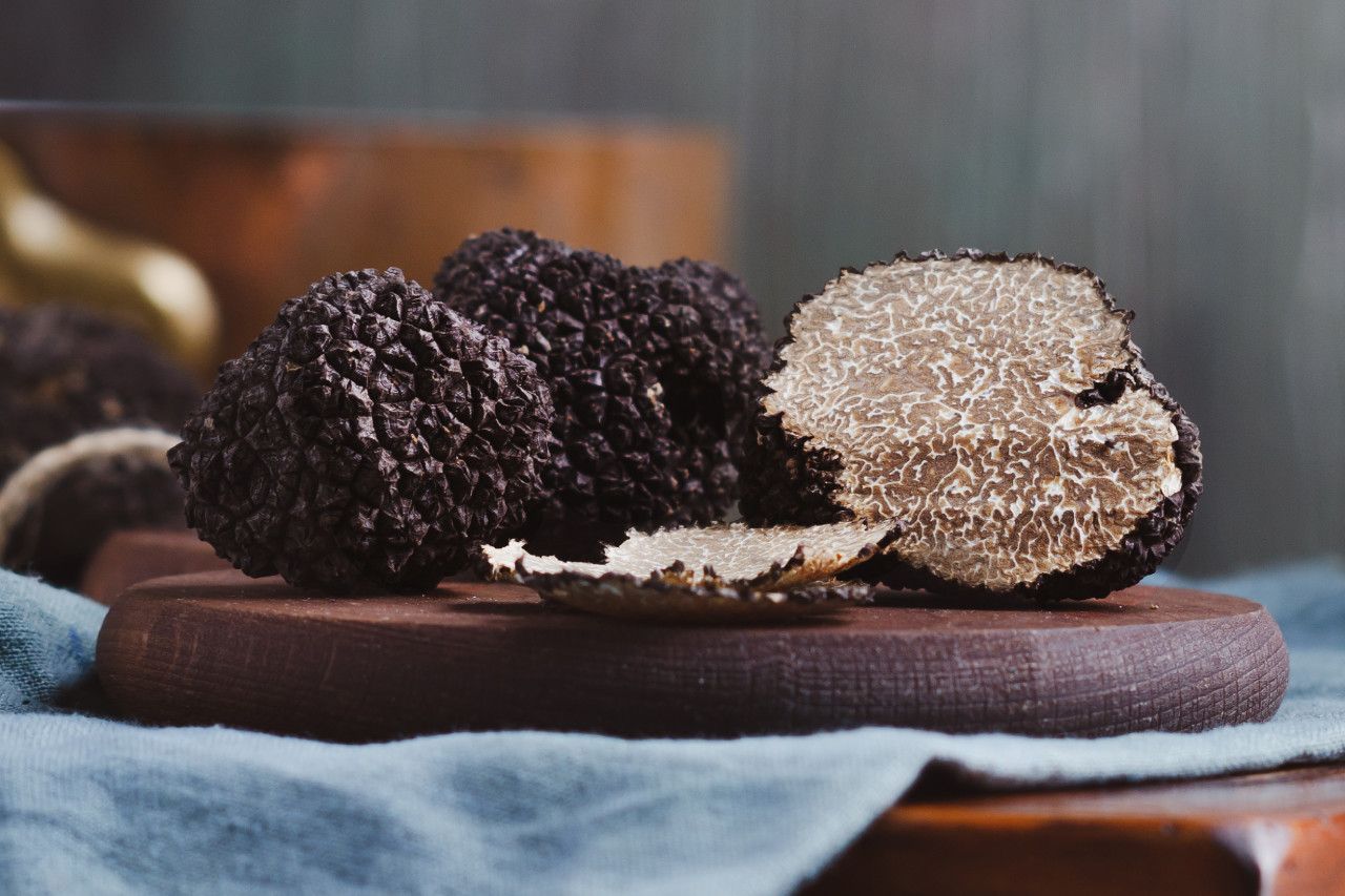 Duas trufas negras estão sobre uma tábua de corte de madeira.