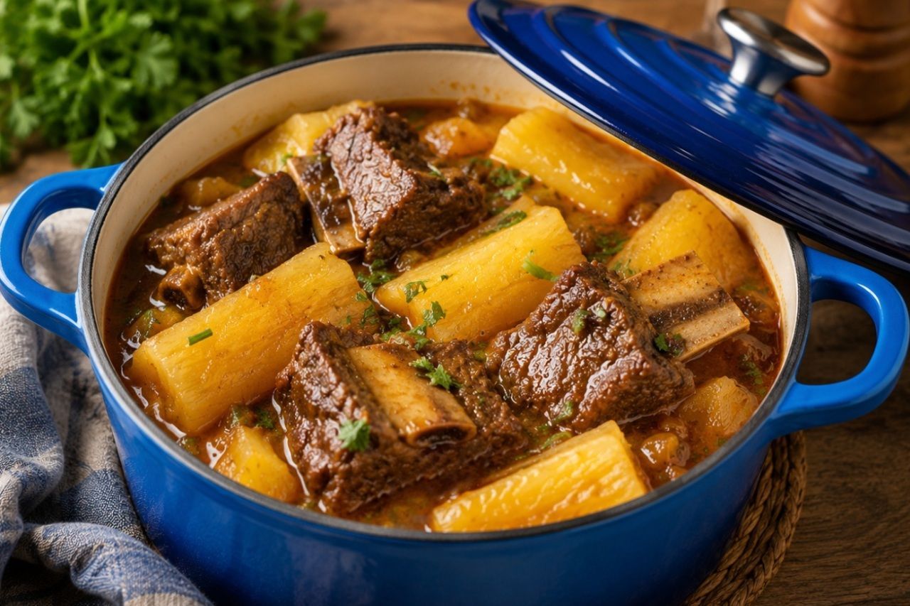 Vaca atolada servida em panela azul com costela bovina, mandioca cremosa e caldo encorpado, prato típico da culinária mineira ideal para o inverno.