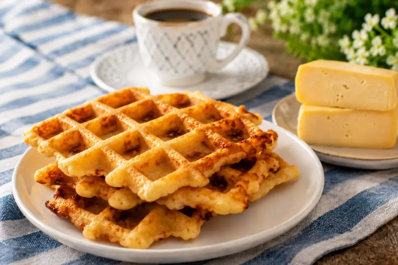 Waffle de pão de queijo dourado servido em prato branco acompanhado de café e pedaços de queijo sobre mesa rústica.