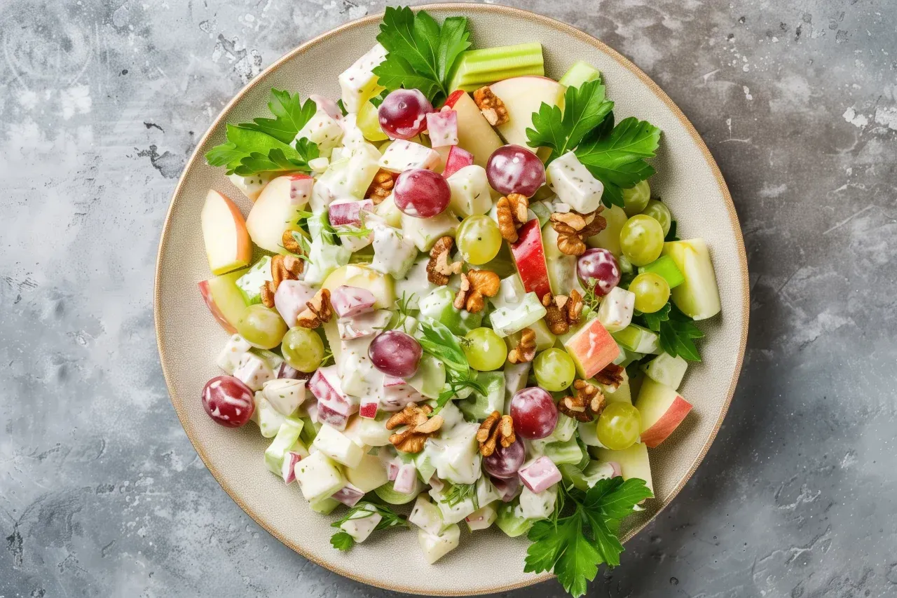 Uma salada com maçãs, uvas, aipo e nozes em um prato.