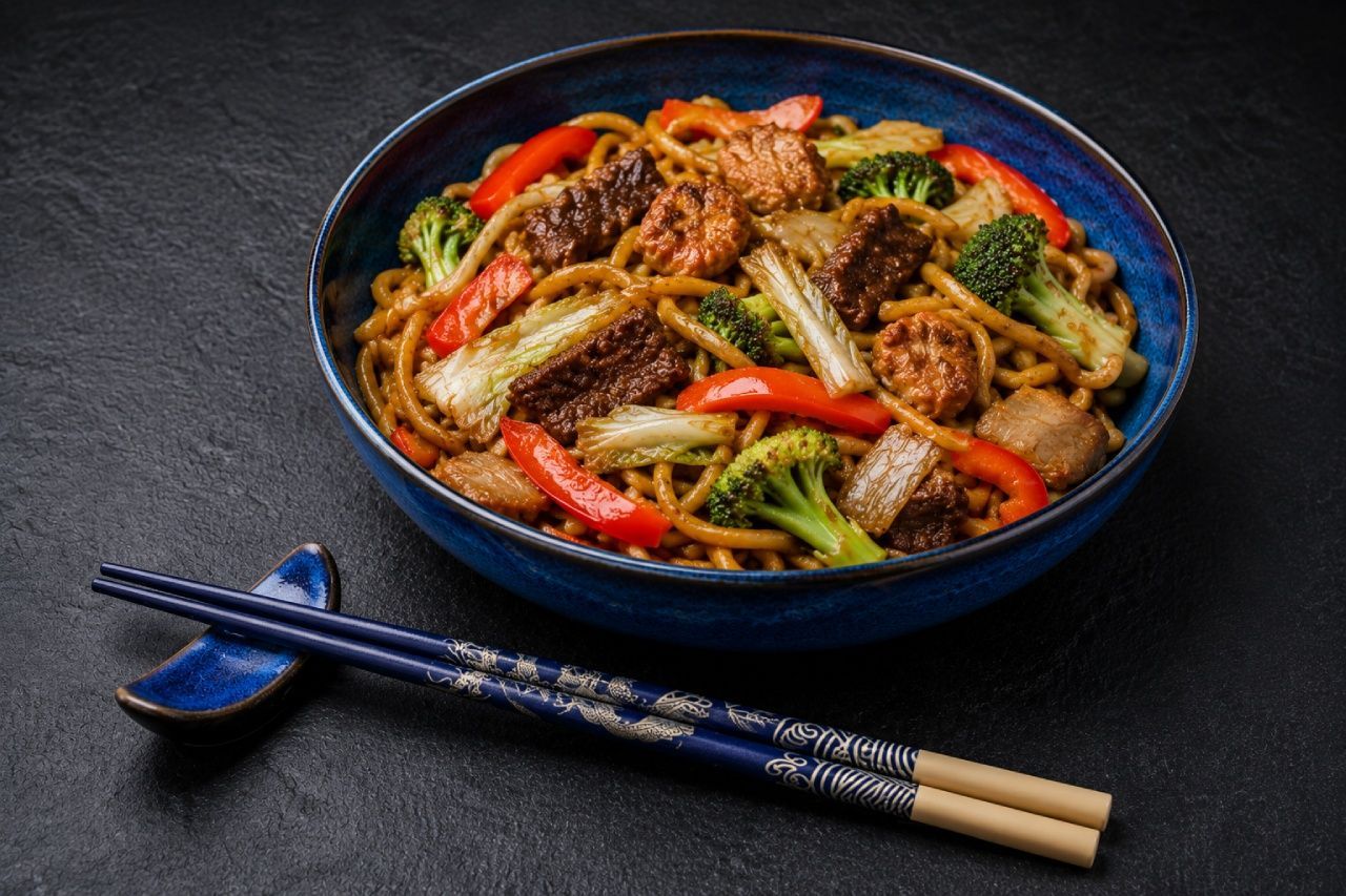 Yakissoba tradicional com carne, legumes e molho oriental servido em tigela azul com hashis sobre mesa escura.
