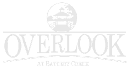 white drawing of dock with pavilion and greenery. Logo of The Overlook at Battery Creek
