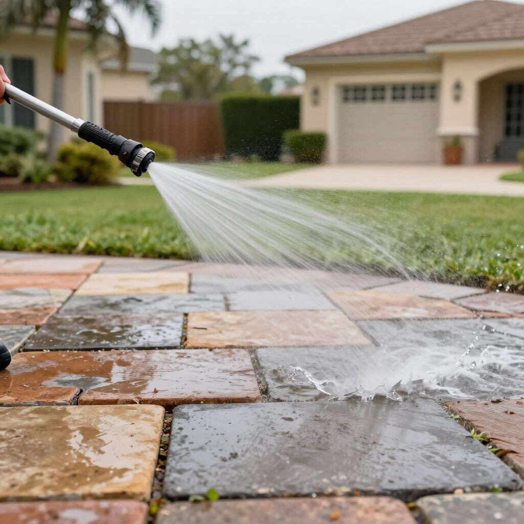 A pressure washer sprays water across a wet stone driveway in front of a house.