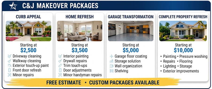 C&J makeover packages flyer with four service columns, prices, and home improvement offers in blue, gold, and white.