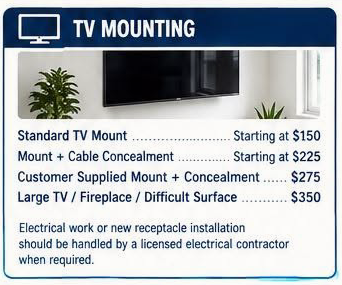TV mounting price list with wall-mounted TV and service options on a blue-and-white sign.