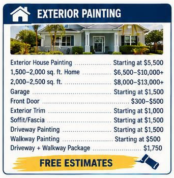Exterior painting price flyer with house photo, service list, and free estimates banner
