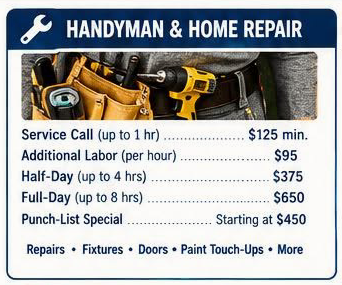 Handyman & Home Repair rate card with tools, blue header, and prices for service call, hourly, half-day, full-day, punch-list special