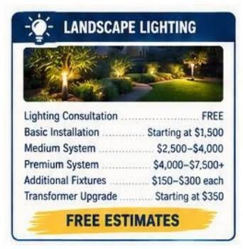 Landscape lighting ad with pricing list, night yard photo, and “FREE ESTIMATES” banner