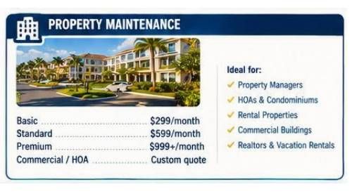 Property maintenance flyer with prices and ideal clients listed beside a condo community photo.