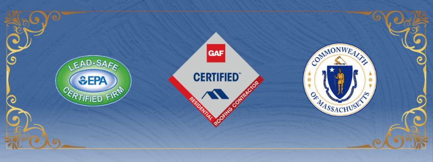 Logos for EPA Lead-Safe, D&F Certified, and Commonwealth of Massachusetts, on blue gradient background.