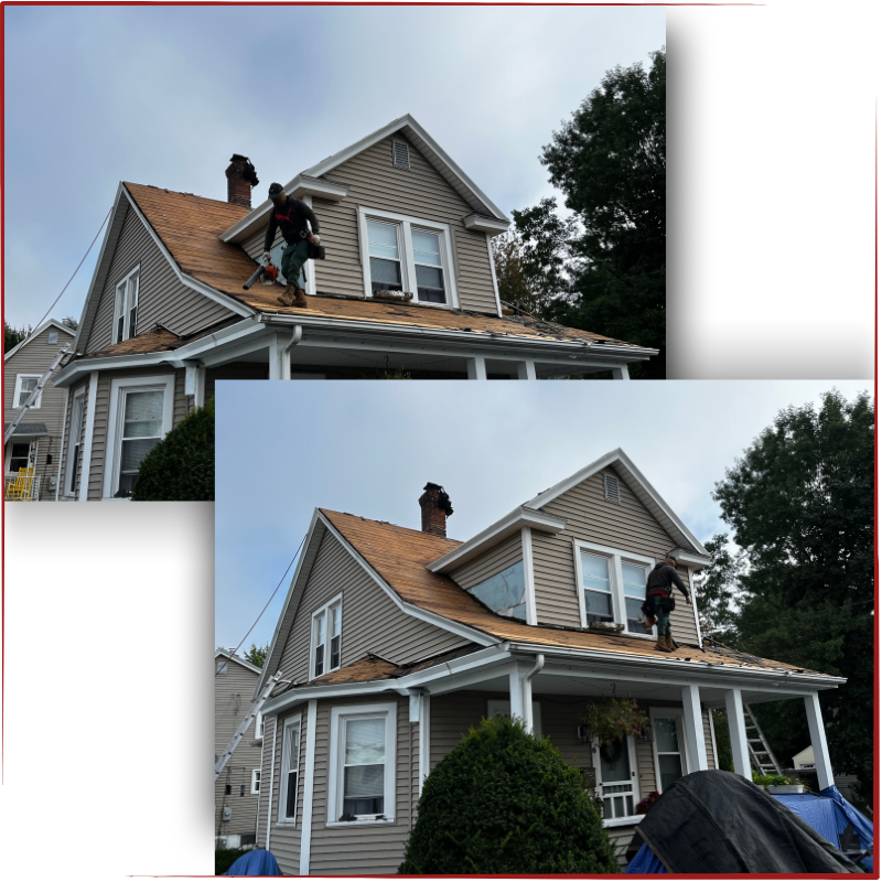 Two roofers on a house roof. One is carrying something. Cloudy sky.