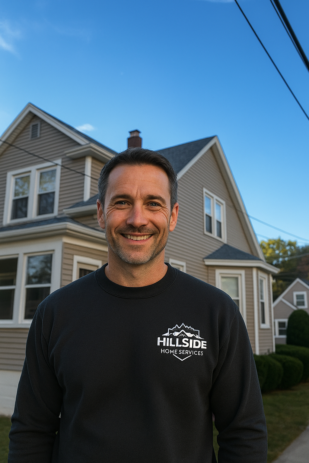 Man in black shirt smiles in front of a two-story house with a blue sky background.